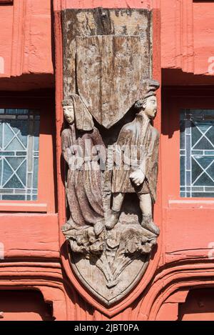 France, Sarthe, Le Mans, the Cite Plantagenet, detail of the doors of the Maison des Deux Amis dating from the 14th-15th centuries Stock Photo