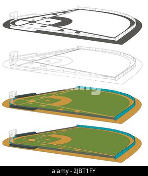 Baseball fields vector illustration. Infographics for web pages, sports broadcasts, strategies backgrounds. Four fields with side view. Stock Vector
