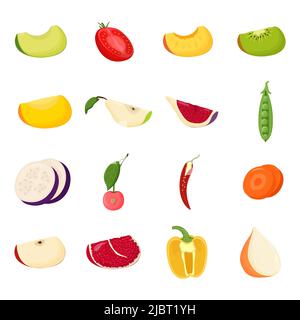 Set of half fruits and vegetables slices. Vegetarian food, healthy eating concept. Avocado, peach, fig, cherry, kiwi, pear, pepper tomatoes Flat vecto Stock Vector
