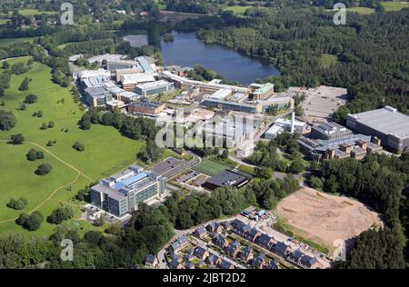 Aerial view of Alderley Park, a technology park at Nether Alderley, Cheshire. In the foregound is Royal London House, a corporate office block. Stock Photo
