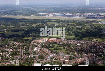 aerial view looking north west from over Handforth towards Manchester Airport Stock Photo