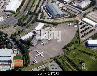 aerial view of Speke Aerodrome Heritage Group Museum and Crowne Plaza Liverpool John Lennon Airport Hotel Stock Photo