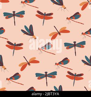 Beautiful dragonflies with colorful wings seamless pattern. Flat vector illustration. Stock Vector