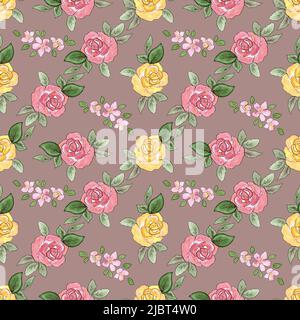 Pattern with roses. Watercolor seamless pattern with rose and apple flowers. Yellow and pink flowers in doodle style on a powder background. Stock Photo