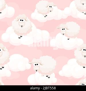 Seamless pattern with pink sheeps on sky. Clouds Texture. Seamless Pattern sky Stock Vector