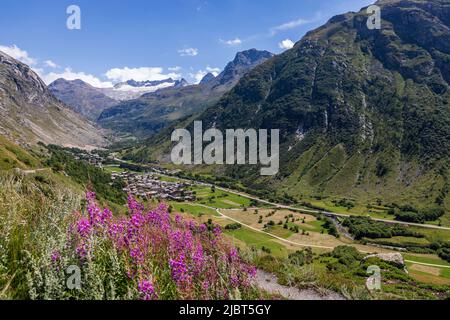 France, Savoie, Vanoise national park, view from the Grandes Alpes road on Bonneval-sur-Arc, the highest village in the Haute Maurienne valley (1850 m), labeled The Most Beautiful Villages of France Stock Photo