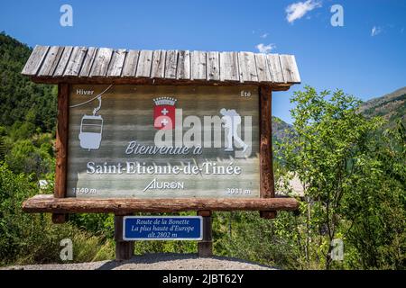 France, Alpes-Maritimes, Mercantour National Park, Saint-Étienne-de-Tinée, a welcome sign on the outskirts of the village Stock Photo