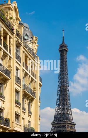 France, Paris, Eiffel Tower and Haussmann building Stock Photo