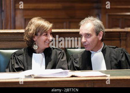 Lawyer Aline Fery and Lawyer Thibault Maudoux pictured during the jury composition of the assizes trial of Bernard Marchal, before the Assize Court of the Namur province in Namur, Wednesday 08 June 2022. Bernard Marchal is accused of the murder on his brother in October 2019 in Bois-de-Villers. BELGA PHOTO BRUNO FAHY Stock Photo