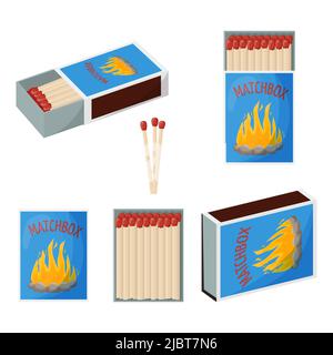 Set of matches. Opened matchbox full of matches. Household flammable tool for lighting fire in cardboard box. Flat vector illustration Stock Vector