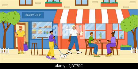 People relax and drink coffee outdoors. The characters eat in a street cafe, friendly people with a dog relax in the fresh air. The building of the Stock Vector