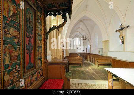 France, Manche, Cotentin, la Hague, Omonville la Rogue, St Jean Baptiste church of the 13th century, celebrant throne, with fifteen mysteries of the Rosary reliefs Stock Photo