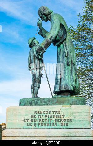 France, Ain, Ars-sur-Formans, Sanctuary of Ars dedicated to Saint Jean-Marie Vianney, patron saint of all priests in the universe, the monument of the Meeting commemorates the meeting between the young shepherd Antoine Givre and Jean-Marie Vianney on his arrival in Ars in February 1818 Stock Photo