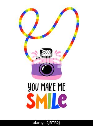 You make me smile - funny hand drawn text. Happy Pride Month, LGBTQ pride illustration. Cute hand drawn pink camera with rainbow strap and cute messag Stock Vector