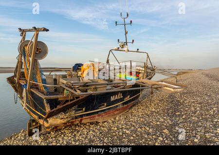 France, Somme, Le Hourdel, this trawler could not return to the port of Le Hourdel because of the low tide which did not offer enough depth for its draft; it had to run aground on the pebble beach to wait for the return of the tide. It is a boat equipped to fish for shrimp by scraping the bottom with nets Stock Photo