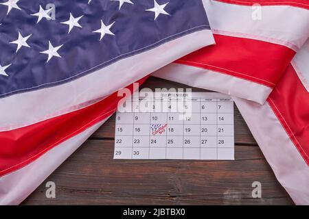 Constitution day of the United States 17th september top view flat lay. Fabric US flag with calendar. Stock Photo