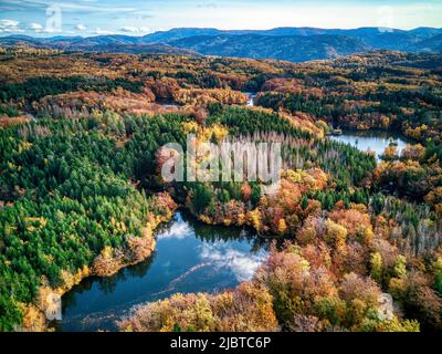 France, Haute Saone, Plateau des Mille Etangs, escape from the 1000 etangs between lake and forest in autumn (aerial view) Stock Photo