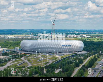 MUNICH, GERMANY - JUNE 8: Aerial view of the Allianz soccer arena on Jne 8th, 2022 in Munich, Germany. Located in Munich's Schwabing-Freimann borough Stock Photo