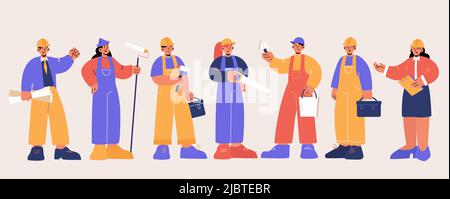Builders, engineers and workers in helmets with construction tools. Vector flat illustration of men and women professional architect, repairman, painter and carpenter Stock Vector