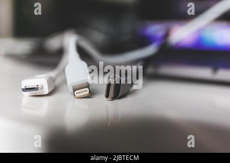 TYPE C, Micro usb and USB C chargers Stock Photo