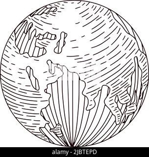 Planet earth engraved isolated on white background. Vintage sphere of world in hand drawn style. Liner sketch earth. Vector design for poster, print, Stock Vector