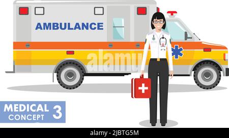 Detailed illustration of medical people and ambulance car in flat style on white background. Stock Vector