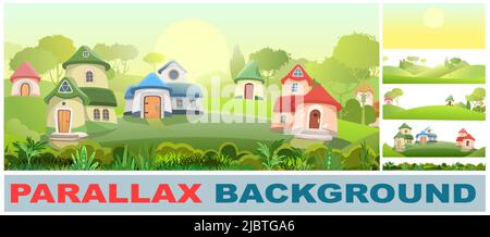 Village of gnomes. Set parallax effect. Fabulous town with cute little houses. Beautiful cartoon green landscape. Meadow against background of forest. Stock Vector