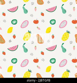 Exotic fruits seamless summer pattern. Collection juicy fruit: apple, pear, watermelon, papaya, lemon and dragon fruit. Cartoon Hand Drawn Colorful Stock Vector