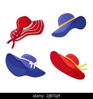 Set of beautiful women's summer hats in different colors and styles. Stylish summer female headwear. A fashion accessory for a vacation at sea in hot Stock Vector