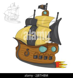 Black and white vector illustration  cartoon space ship for children coloring books. Stock Vector