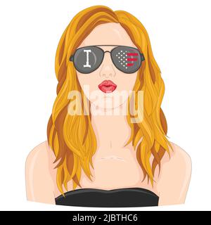 I love USA. Vector Illustration. Girl in the sunglasses with the inscription and flag of America in the shape of a heart. Stock Vector