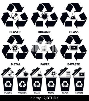 Rubbish bin icons with different types of garbage: Organic, Plastic, Metal, Paper, Glass, E-waste for recycling concept in flat style. Stock Vector