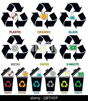 Trash can icons with different colors types of garbage: Organic, Plastic, Metal, Paper, Glass, E-waste in flat style isolated on white background. Vec Stock Vector