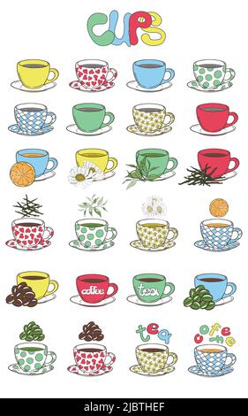 Illustration of cups for tea and coffee with different ingredients. Use for menu tea and coffee bars. Vector illustration drawn by freehand. Stock Vector