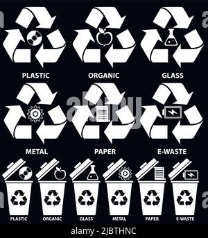Rubbish bin icons with different types of garbage: Organic, Plastic, Metal, Paper, Glass, E-waste for recycling concept in flat style. Stock Vector