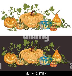Two illustrations of pumpkins for Halloween on a white and dark background. Funny faces on different varieties of pumpkins. Stock Vector