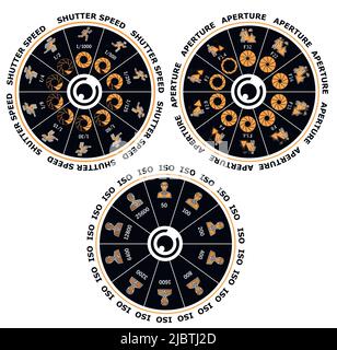Photography manual template for photographers. Camera's cheat sheet. ISO, shutter speed, aperture, frame frequency. Vector illustration. Stock Vector