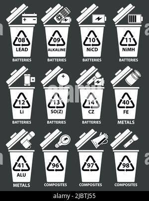 Recycling codes for batteries, metal, composites. Recycling bins illustration with batteries, TV Remote, phone, lithium battery, flashlight, jar. Stock Vector
