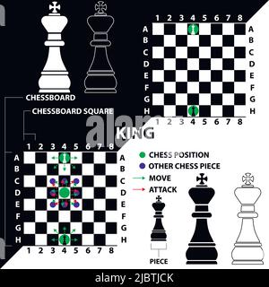 King. Chess piece made in the form of illustrations and icons. Black and  white king with a description of the position on the chessboard and moves.  Educational material for beginner chess players.