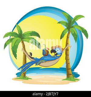 Macaw in a hammock with a cocktail on a tropical background. Illustration of a parrot with the sea and palms. Stock Vector