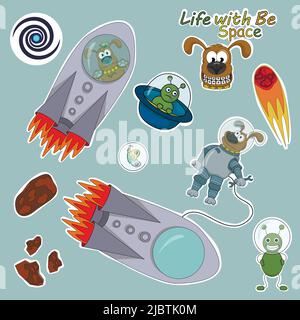 Cartoon dog Be in cosmos. Vector illustration space for children. Vector illustration. Stock Vector