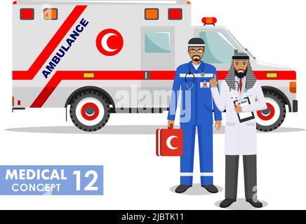 Detailed illustration of colored and black silhouettes muslim car ambulances in a flat style on a white background. Vector illustration. Stock Vector