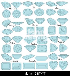 Cutting gems stones. Types of diamond cut. Four sides of jewelry with facets for background, carving and coloring. Stock Vector
