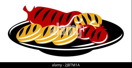 Bbq illustration with grill objects and icons. Stylized kitchen and restaurant menu items. Stock Vector