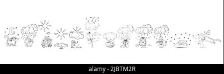 Cat weather. Funny cat drawn by hand at different times of the year. Illustration of weather and seasons. The reaction of the cat to the weather. Stock Vector