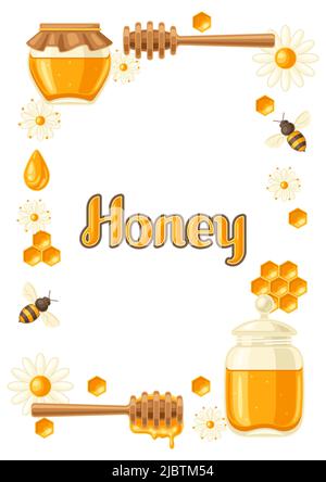 Frame with honey items. Image for business, food and agricultural industry. Stock Vector