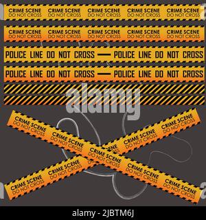 Crime scene. Do not cross. Police line. Do not cross. Illustration of a police tape with stripes and warning. Fences for the crime scene loop. Stock Vector