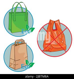Illustration of shopping eco bags versus plastic. A textile bag, a paper bag and a plastic bag. Icons for the selection of packaging materials. Stock Vector
