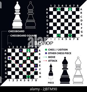 Bishop. Black and white bishop with a description of the position on the chessboard and moves. Educational material for beginner chess players. Stock Vector