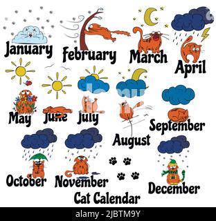 Cat calendar. Funny cat drawn by hand at different times of the year. Illustration of weather and seasons. The reaction of the cat to the weather. Stock Vector
